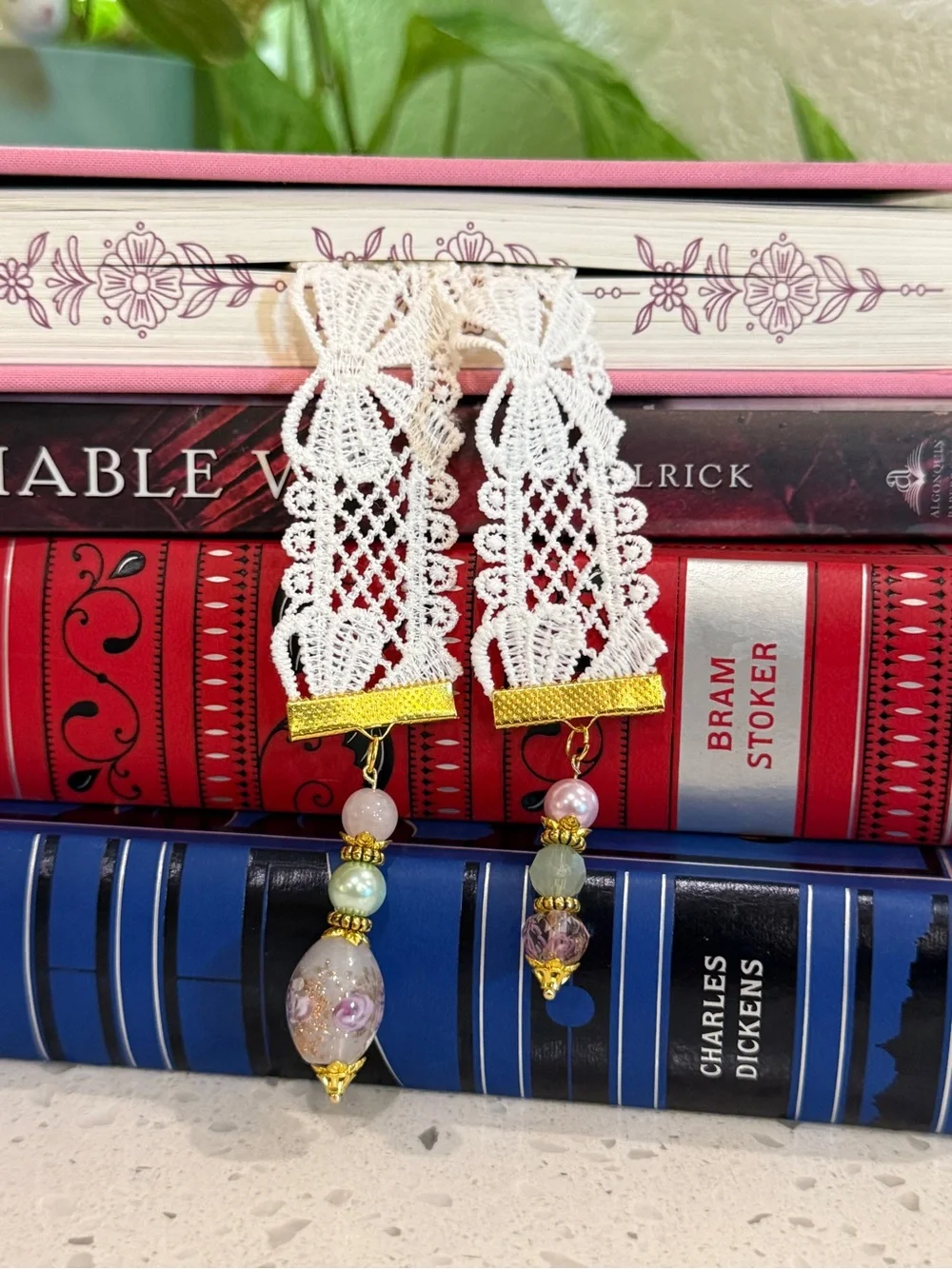 Lace Bookmark with beaded tassels and Gold Accents